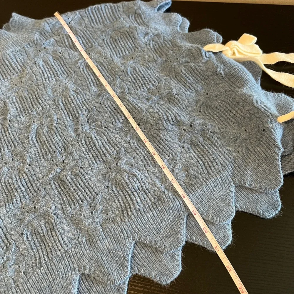AnnieWear Los Angeles Blue Pointelle Knit Poncho Scalloped Side Tie Sweater L